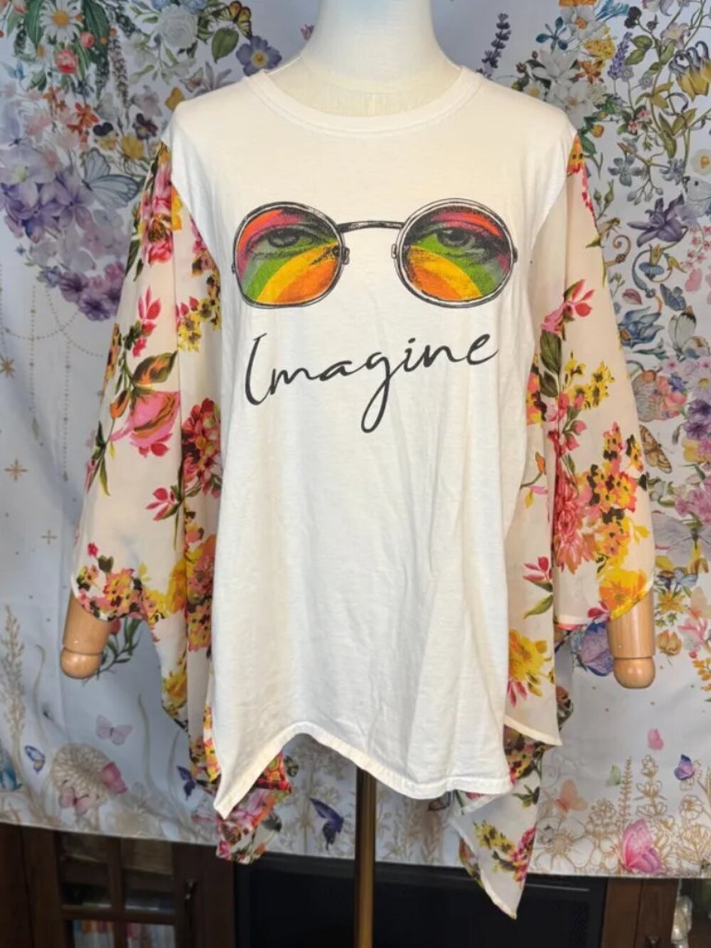 John Lennon Imagine Upcycled T-Shirt with Flowy Floral Print Sleeves - OSFM